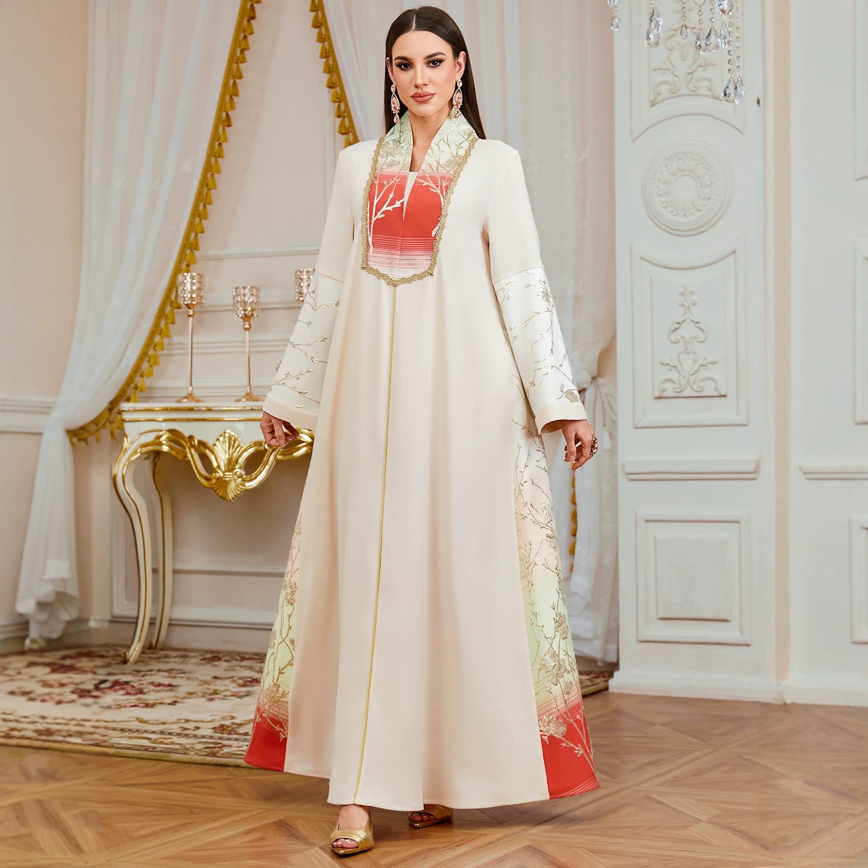 Elegant cross-border long robe dress with embroidery and patchwork, loose ethnic style, long sleeves, evening gown, new export style.