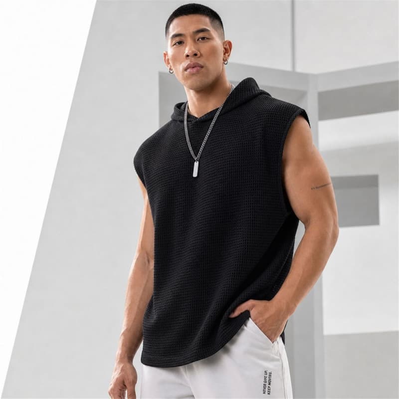 Foreign Trade Amazon Summer New Men's T-Shirt Fitness Pullover Sports European and American Sleeveless T-Shirt Men's Hooded Vest