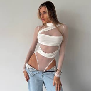 D521BS European and American Cross-Border Hot Girl Sexy Sheer Mesh Slim Solid Color Bandage Design Bodysuit