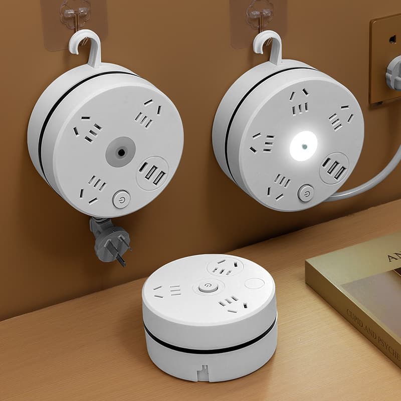 Retractable Wall-Mounted Multi-Function Outlet with USB Night Light, Long Cord Multi-Socket Power Strip for Office, Home, and Dormitory