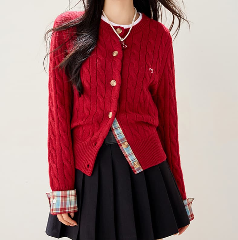 Embroidered Red Patchwork Plaid Cardigan Women Winter College Style Long Sleeve Knit Coat Christmas Outfit Top