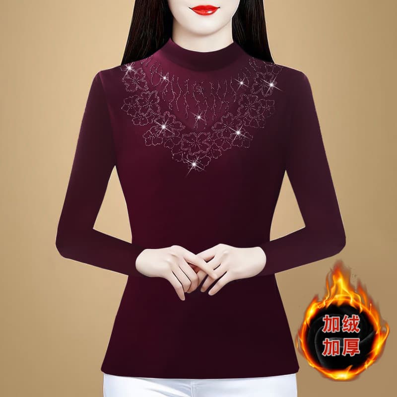 2025 Autumn New High Elastic Mesh Gauze Semi-High Neck Base Shirt Hot Fix Rhinestone Slimming Fashionable Long Sleeve Women's Top Small