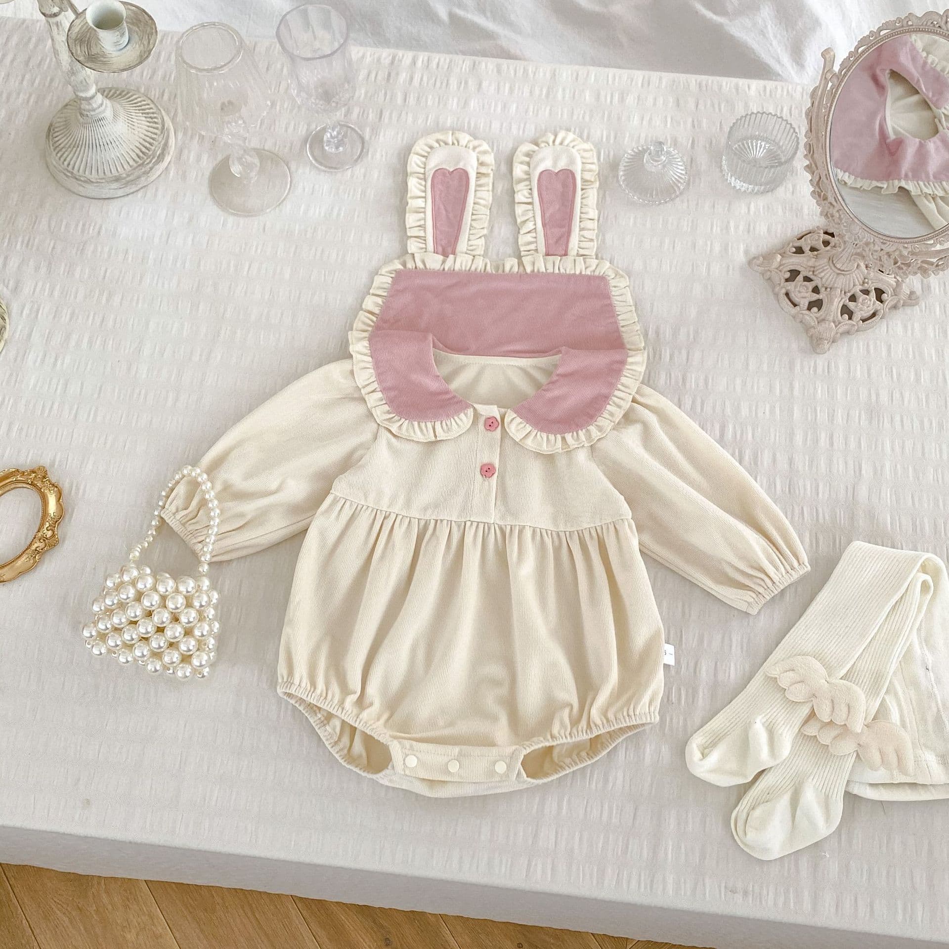 Baby Autumn New Sweet Infant Clothes Rabbit Ears Doll Collar Bodysuit Romper Contrast Color Long Sleeve Onesie