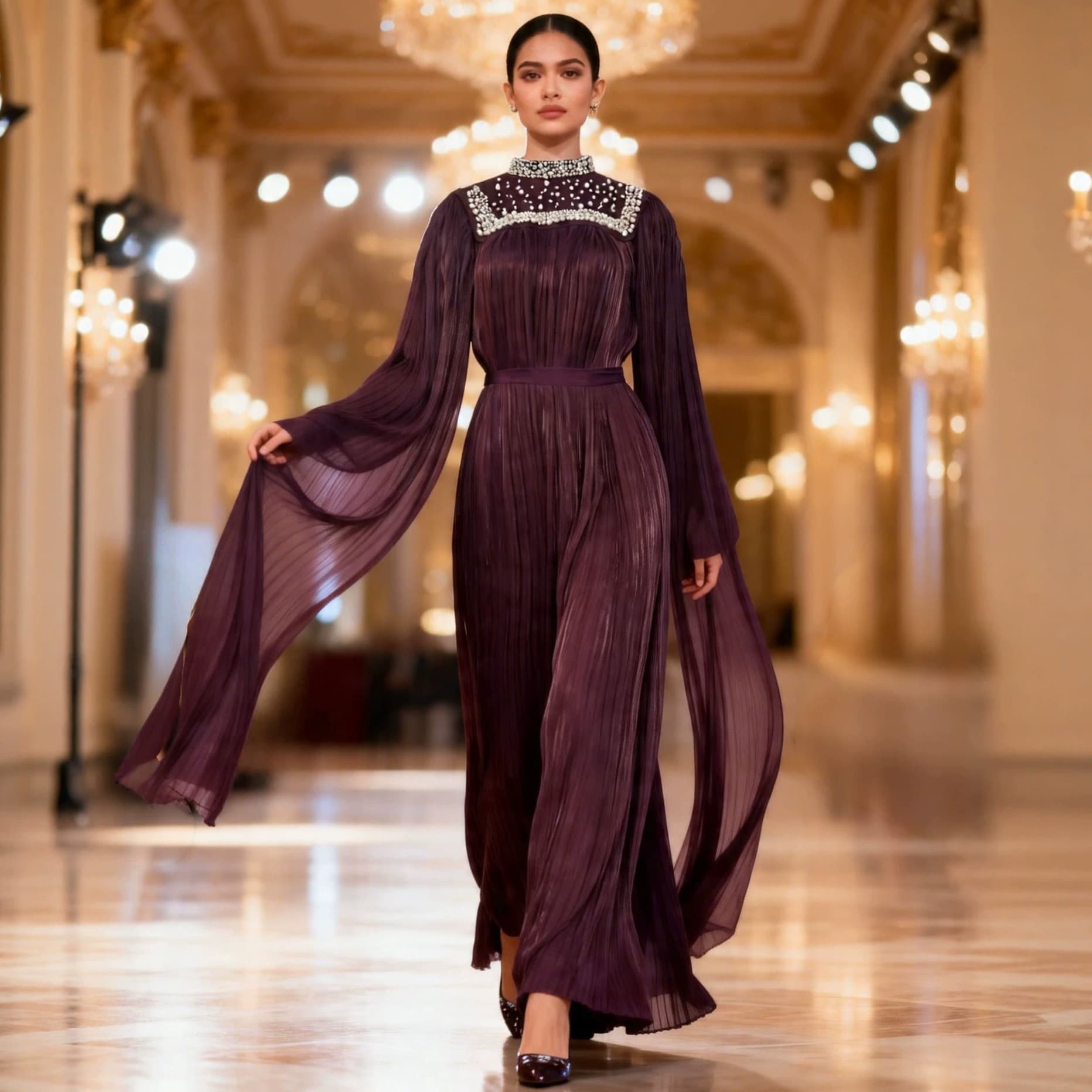 Ready in stock, Southeast Asia specializes in heavy beaded chiffon pleated robes, Malaysian elegant long-sleeved dresses