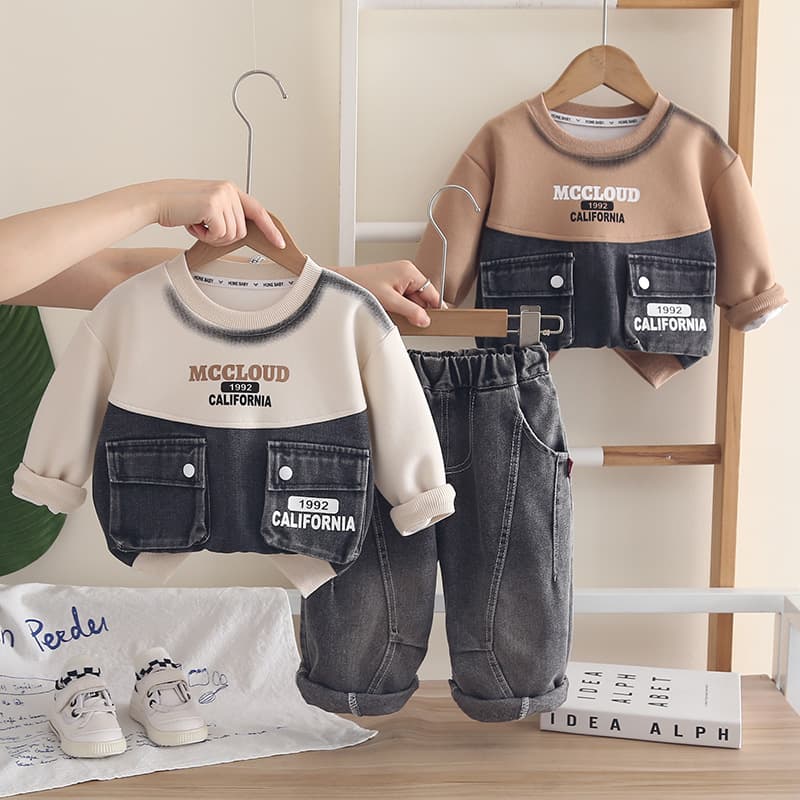 Boys spring and autumn suit denim splicing sweatshirt and trousers two-piece set handsome casual baby autumn clothes 1-5 years old
