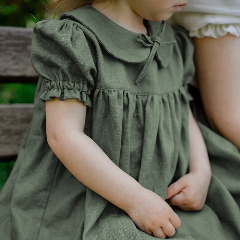 Girls' Pastoral Style Cotton-Linen Dress Short Sleeve Baby Doll Collar Lyocell Linen Dress School Girl Elegant Summer