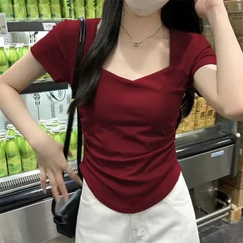 Square Neck Straight Shoulder Short-Sleeve T-Shirt Women Summer 2026 New Fitted Slimming Short Student Pleated Top Fashion