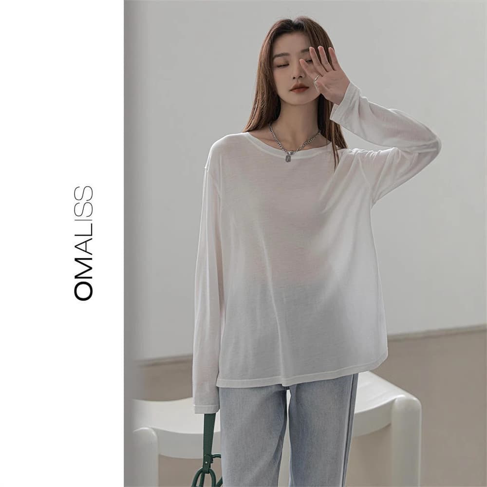 New Ultra-Thin Tencel Sun-Protection Cover-Up Skin-Friendly Round Neck Long-Sleeve T-Shirt Loose Versatile Base Chiffon Top for Women