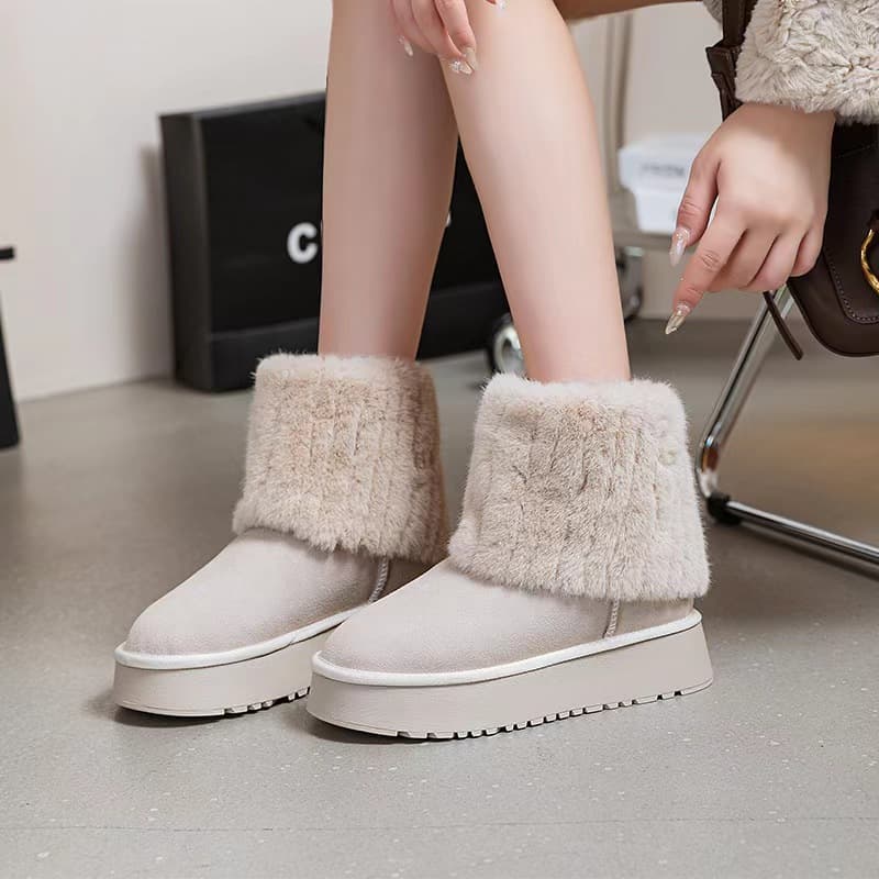 New Thick-Soled Round-Toe Folded Fur-Trim Short Snow Boots for Women, Platform Warmth-Enhanced Cotton-Lined Winter Shoes for Export