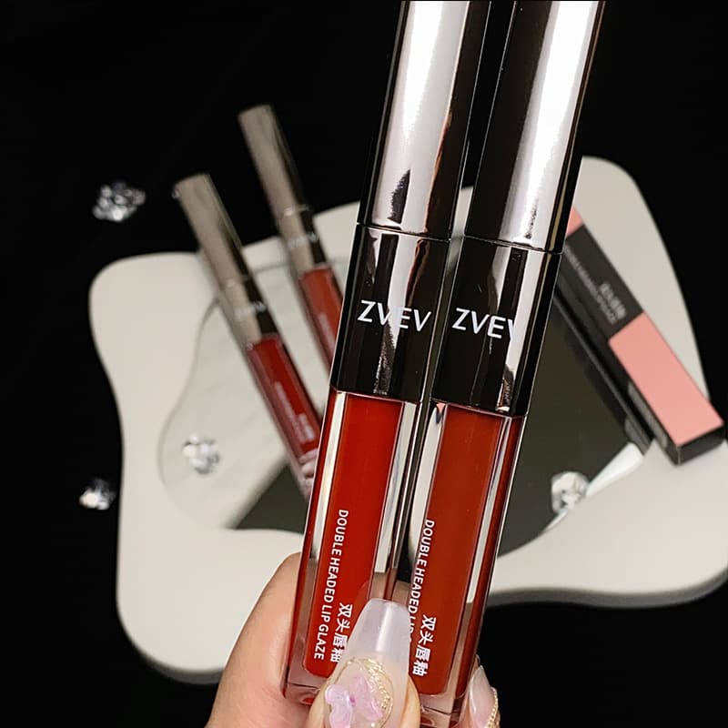Zvev Double-Ended Lip Gloss, Mirror-Like Glossy Matte Lip Mud, Non-Stick Cup, Non-Fading, Whitening Lipstick, Moisturizing