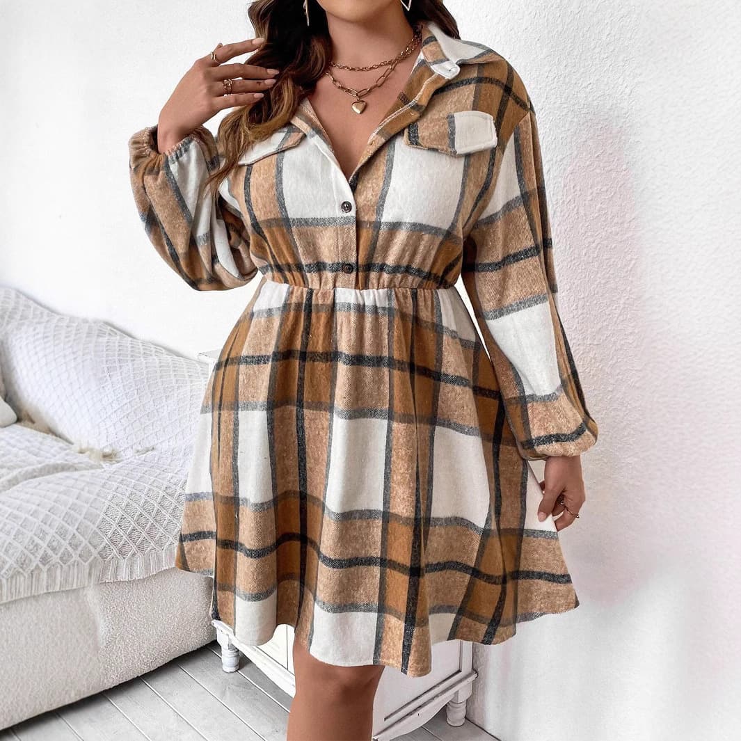 DHN247 Cross-border 2024 Autumn/Winter European and American Casual Fashion Plaid Long-Sleeve Lapel Elastic Waist Dress for Women
