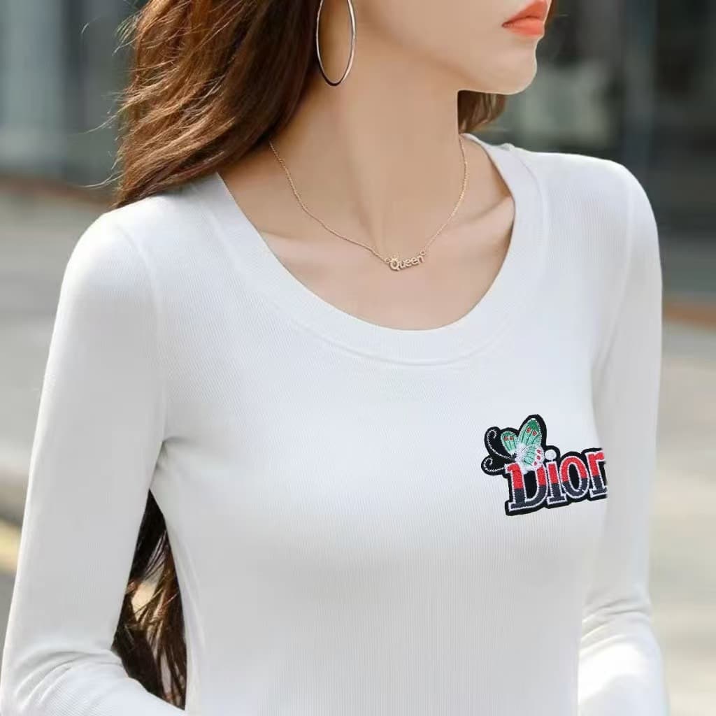 Autumn and Winter New Slim-Fit Base Shirt Women's Ins Korean Style Fashionable Embroidered Elegant Outer Wear Threaded Long-Sleeved T-Shirt