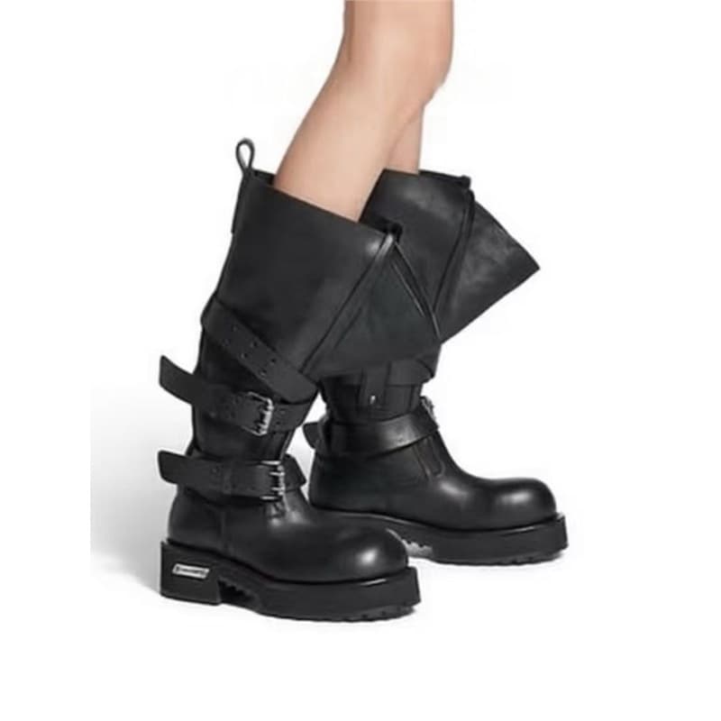 Zhang Shaohan Same Style Thick Chunky Heel Mid-Calf Boots New Belt Buckle Fashion Boots New Round Toe Vintage Style Riding Boots