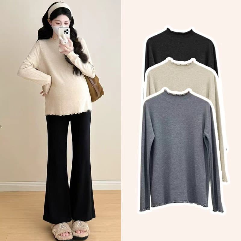 Maternity Autumn/Winter New Wood Ear Collar Base Layer Stretchy Inner Layer T-Shirt, Korean Version Fashion Simple Versatile Top