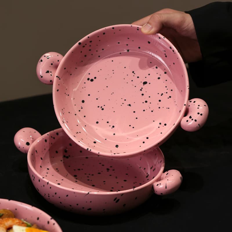 Splash-ink pink double-ear bowl instant noodle bowl household ceramic bowl tableware high-end niche beautiful salad bowl yogurt bowl