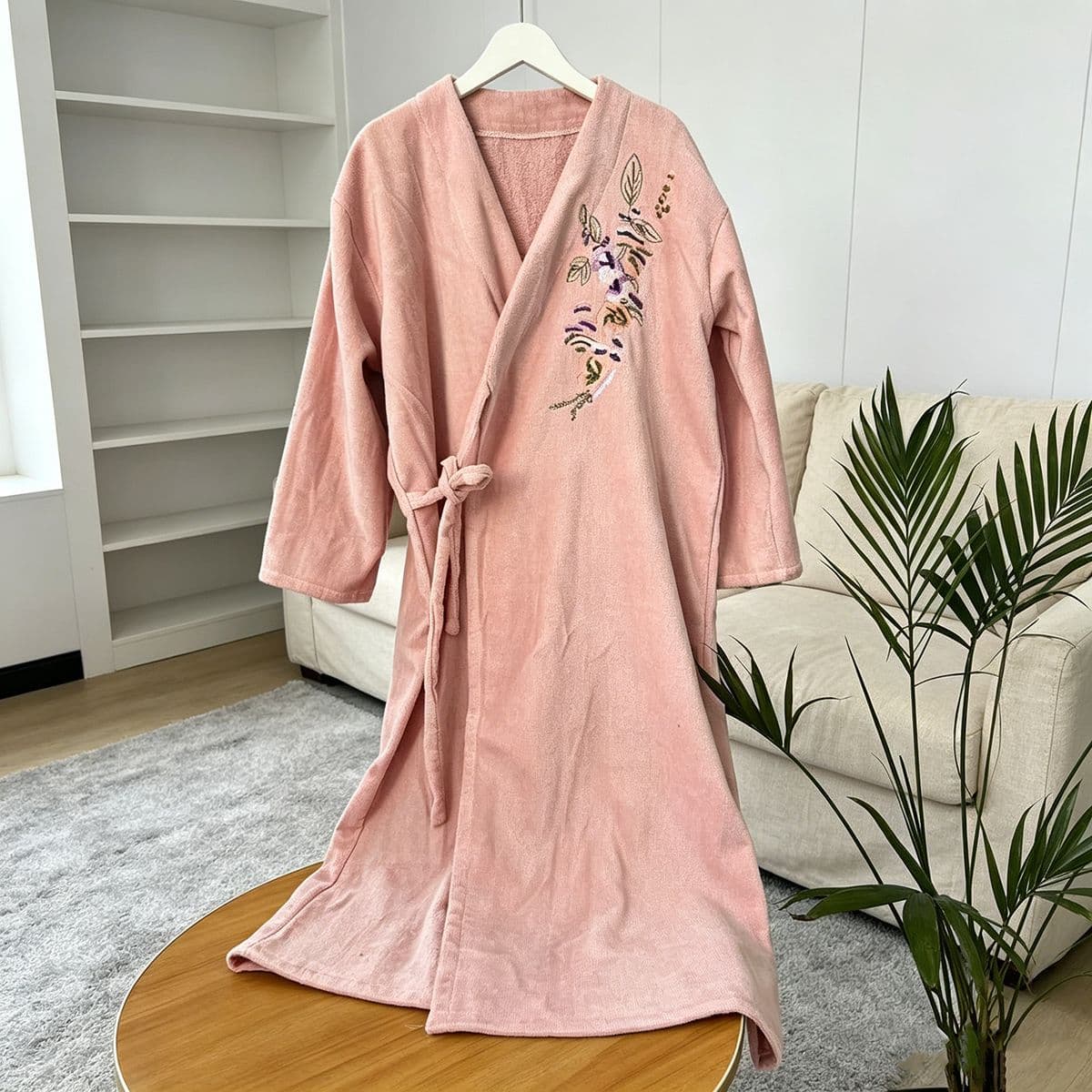 Chinese-style Embroidered Cotton Long Bathrobe, Wearable Towel Bathrobe for Women, New Style, Coral Fleece, Absorbent Bathrobe
