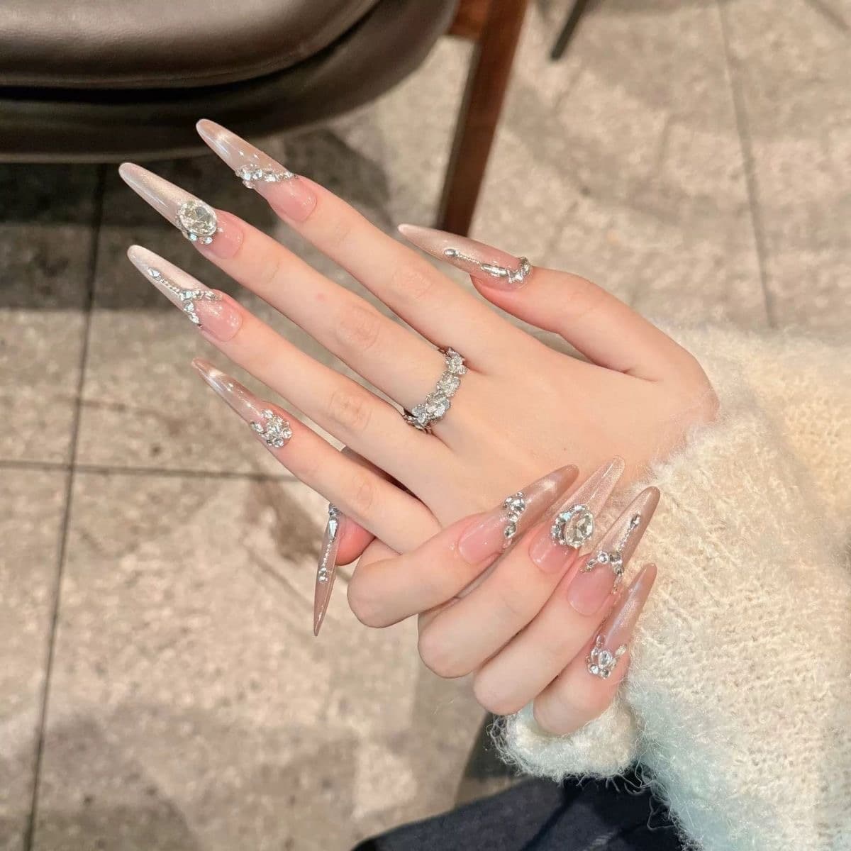 Handmade Press-On Nails New Year High-End Pure Allure Style Nail Tips French Chain Rhinestone Glittering Rich Girl Elegant Manicure