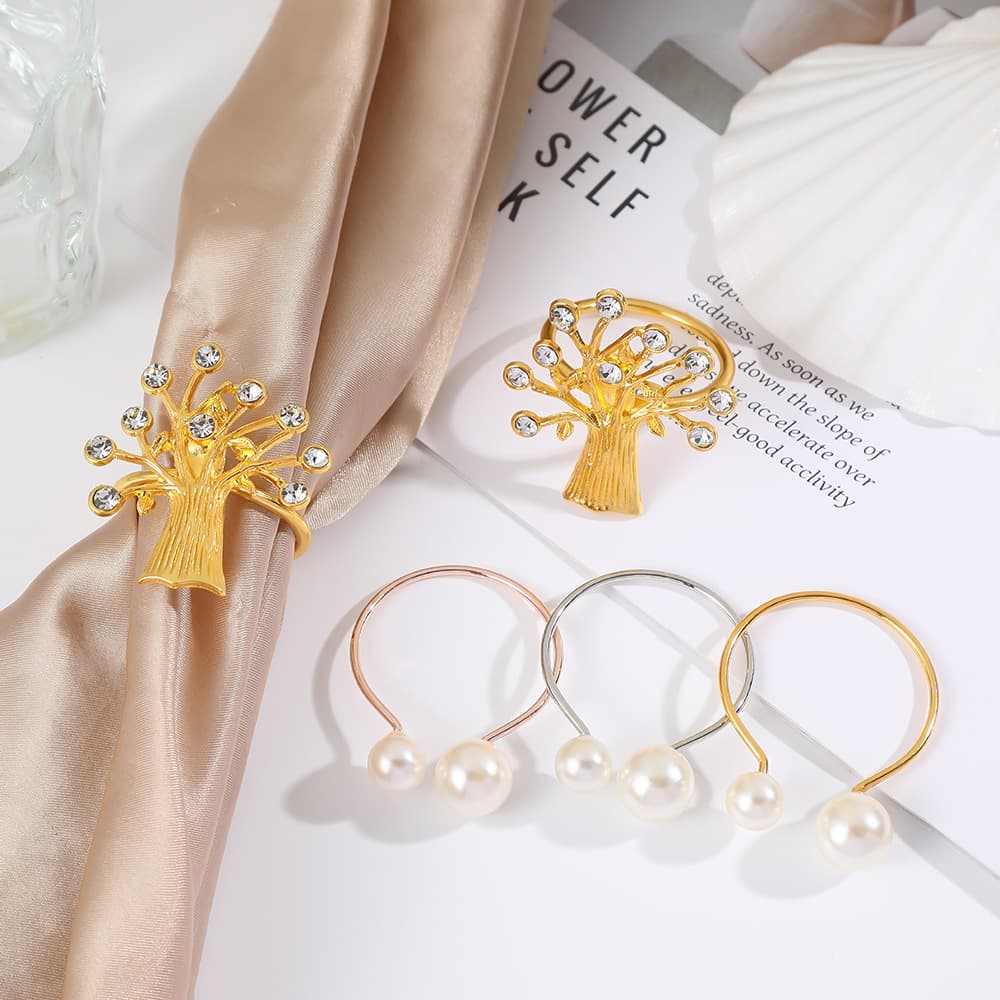 Luxury Pearl-Studded Napkin Ring for Foreign Trade, Elegant Gold and Silver Napkin Buckle for Western Restaurants, Pearl Open Napkin Ring
