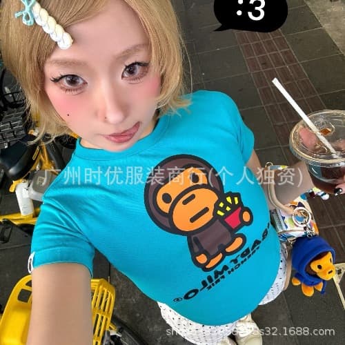Children's clothing BAP-Baby Japanese trendy brand summer new French fries ape-man print girls' high-waisted short T-shirt