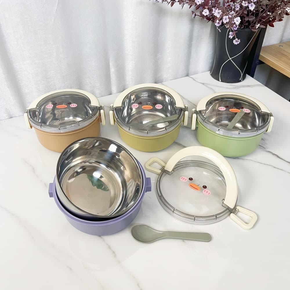 New Round Portable Lunch Box Double Layer Cute Cartoon with Lid Bento Box for Students