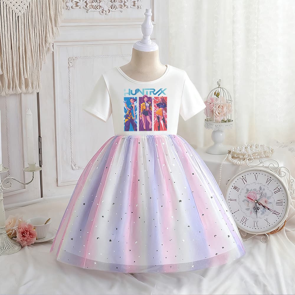K-POP Girls Summer Short Sleeve Dress Rainbow Princess Dress for Kids