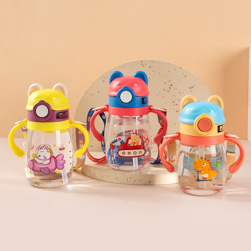 New Kids Cartoon Straw Cup, Cute Plastic Direct Drink Student Cup, Kindergarten Double Handle Portable Sling Water Bottle