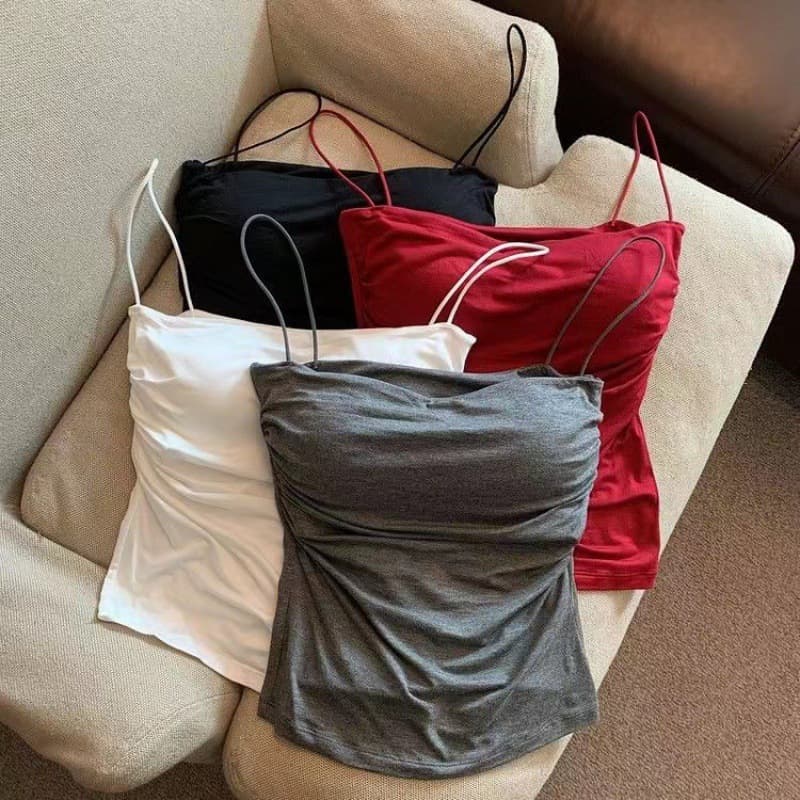Sweet and Sexy Pleated Camisole Top for Women, Summer Thin Strap Inner Wear, Sweet and Spicy Style Sleeveless Top, Outer Wear, Slimming Fit