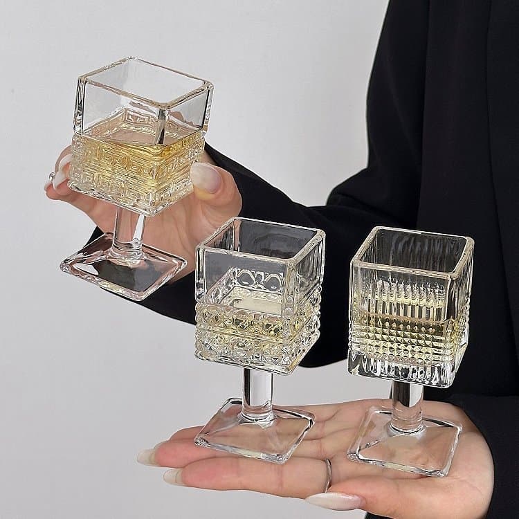 ins style mini embossed carved goblet square small wine glass household white wine glass one-cup liquor glass
