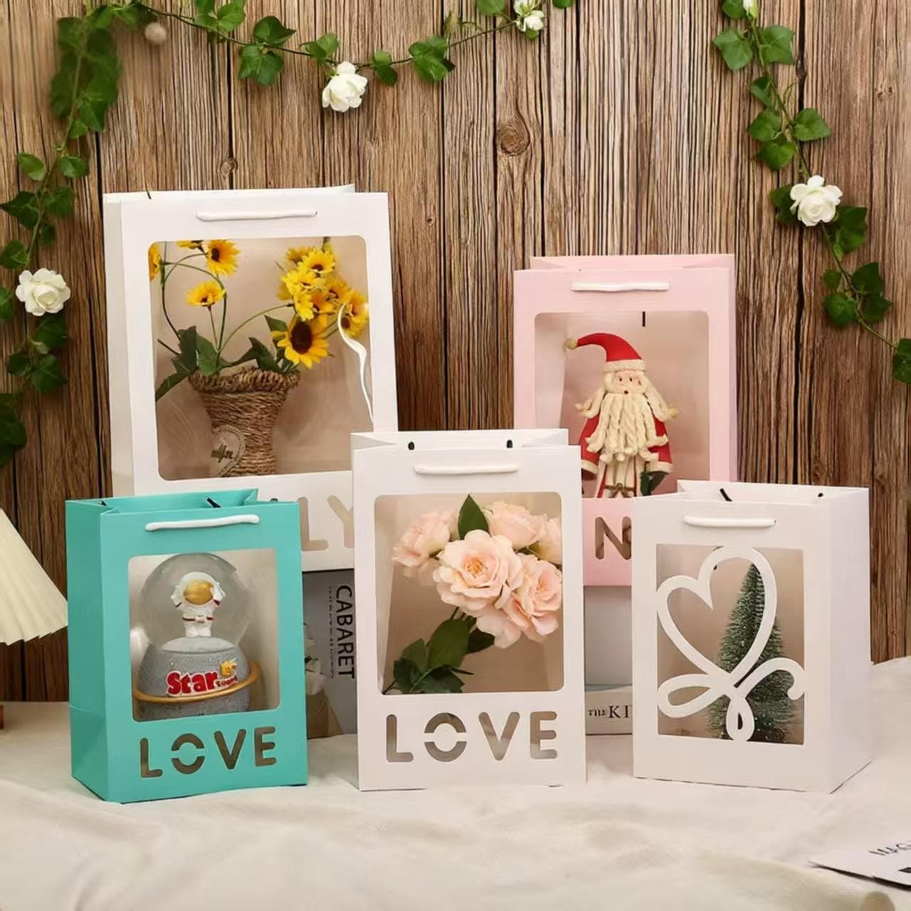 Valentine's Day 520 Gift for Girlfriend Simple Floral Tote Bag Transparent Window Gift Bag Stock Available Factory Direct