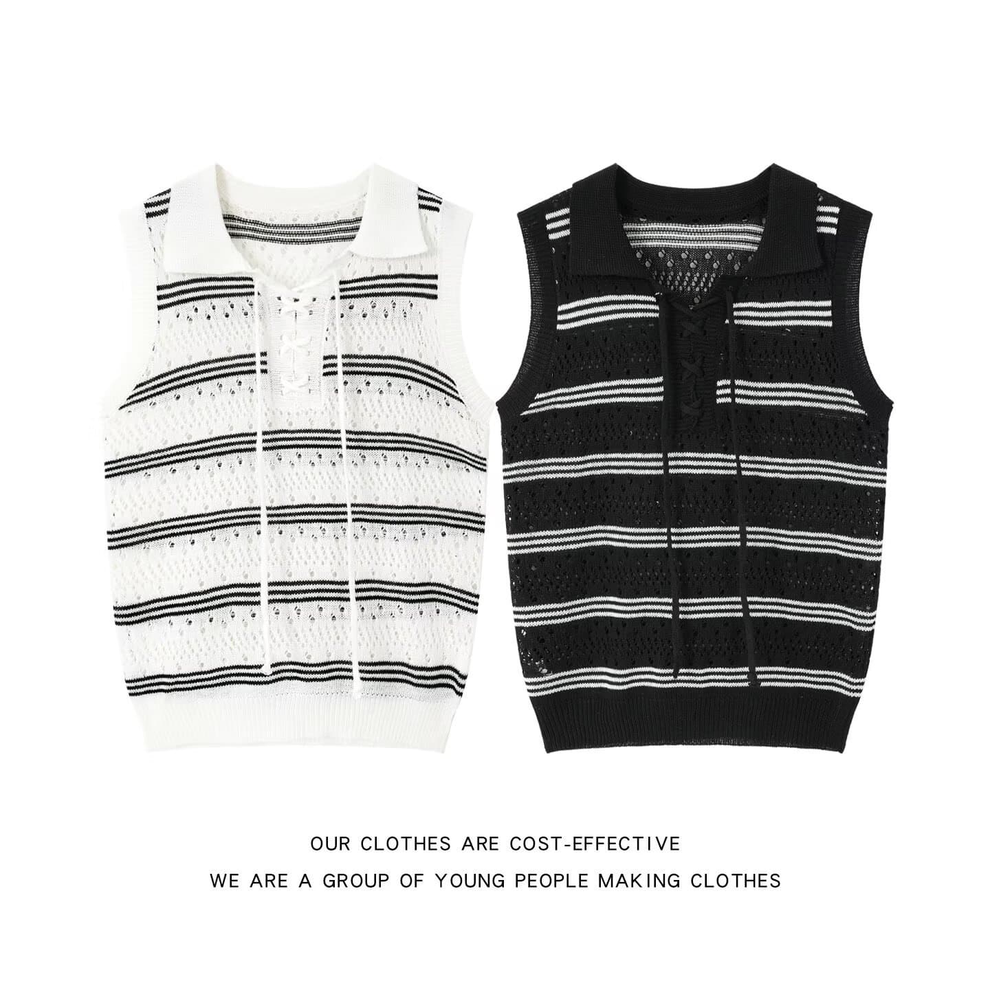 2026 New Striped Hollow Knit Vest for Men Summer Turn-down Collar Sleeveless Breathable Casual Vest Trendy Sleeveless Top