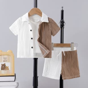 Boys' Handsome Gentleman Suit Summer Set School Style Children's Shirt Stylish Formal Wear Short-Sleeve Top and Shorts
