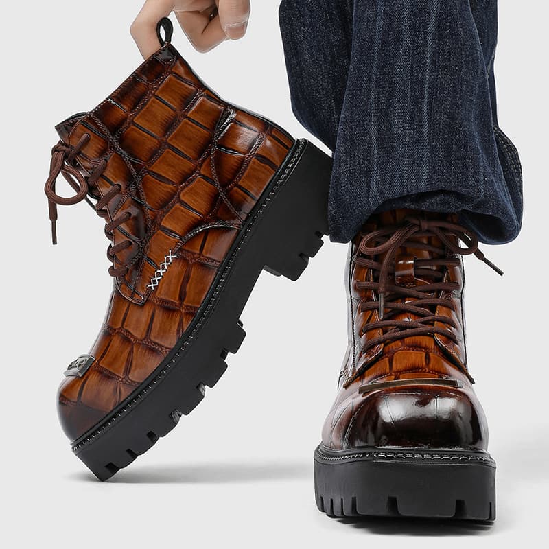 Boots Men's Winter High-Top Shoes with British Style Crocodile Pattern Lace-Up Men's Boots 53242-J
