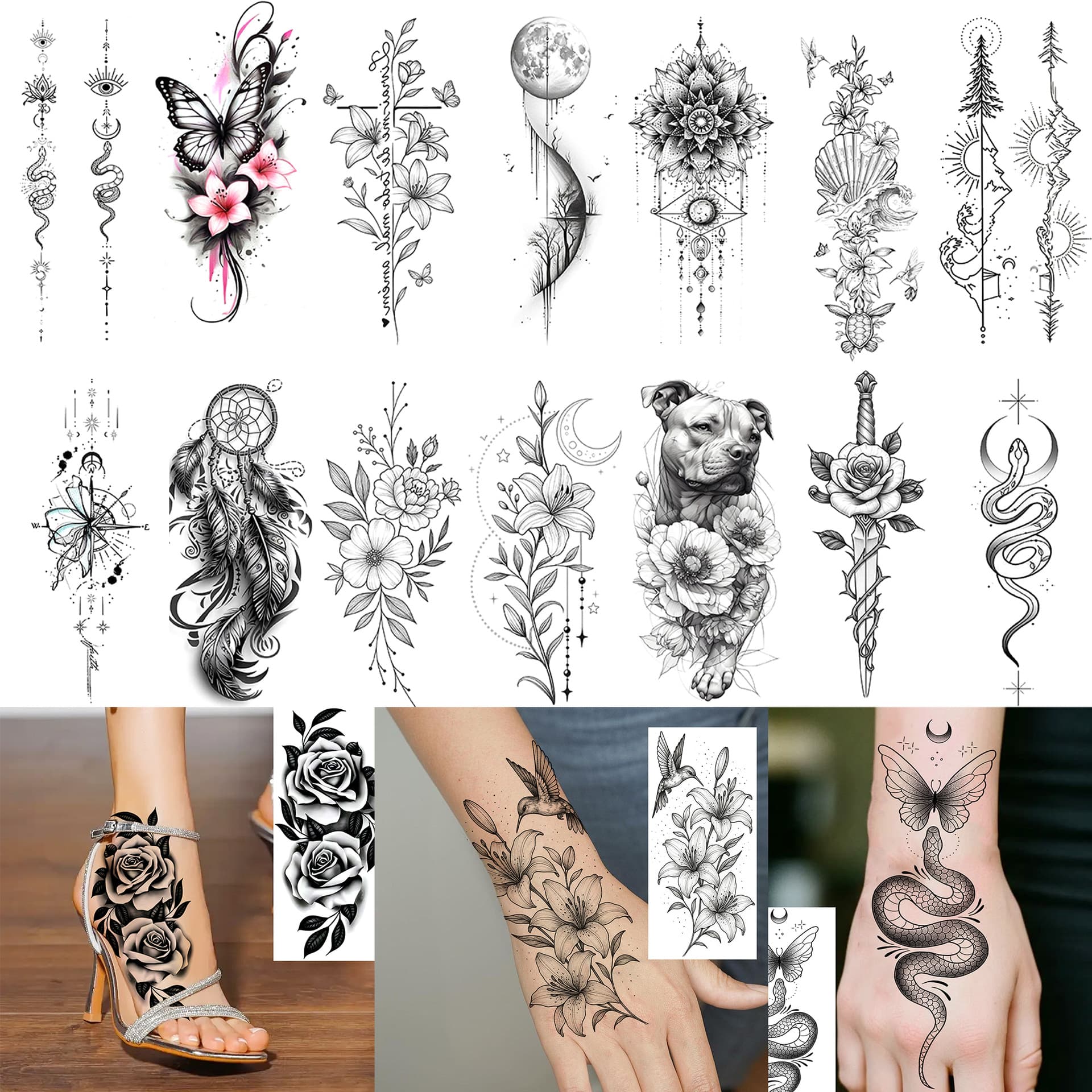 New Butterfly Flower Premium Hand Back Foot Black and White Water Transfer Tattoo Sticker