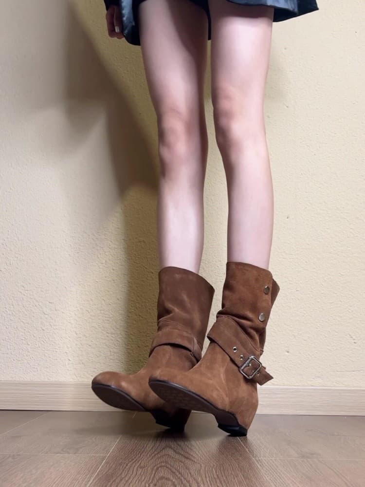 Sheepskin version~Korean style new style foldable two-wear western cowboy boots for women fashionable genuine leather suede belt buckle short boots