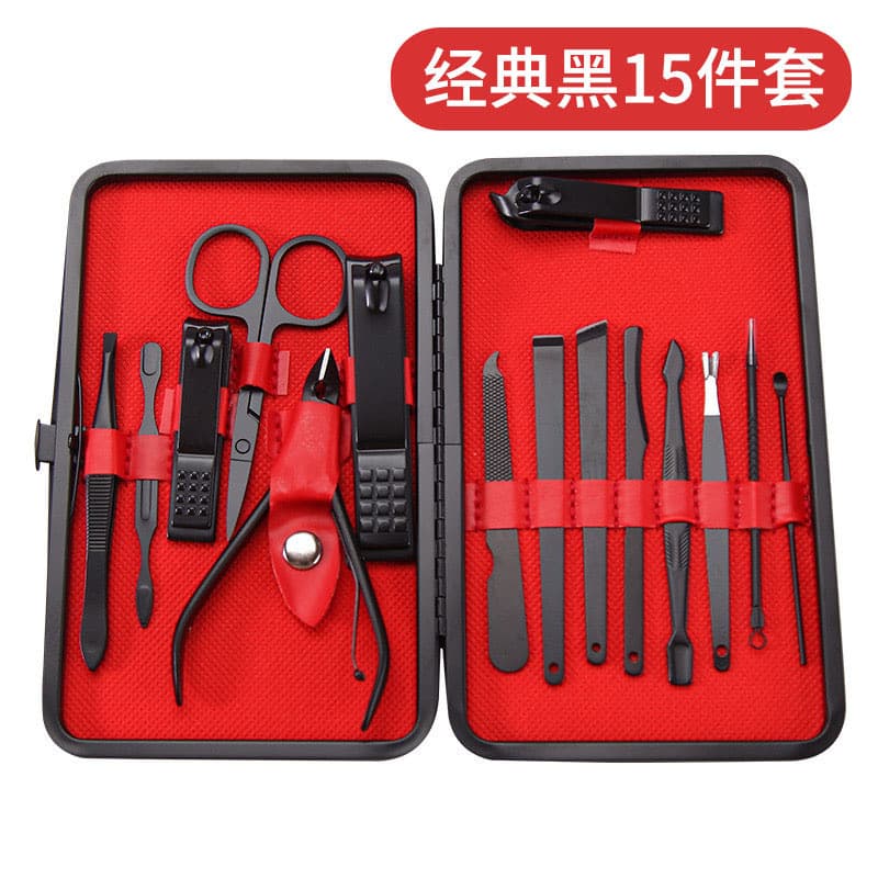 Cross-border Black and Red 24-Piece Nail Kit with Ear Pick, Slant Nail Clipper, Nose Hair Scissors, Tweezers Manicure Set