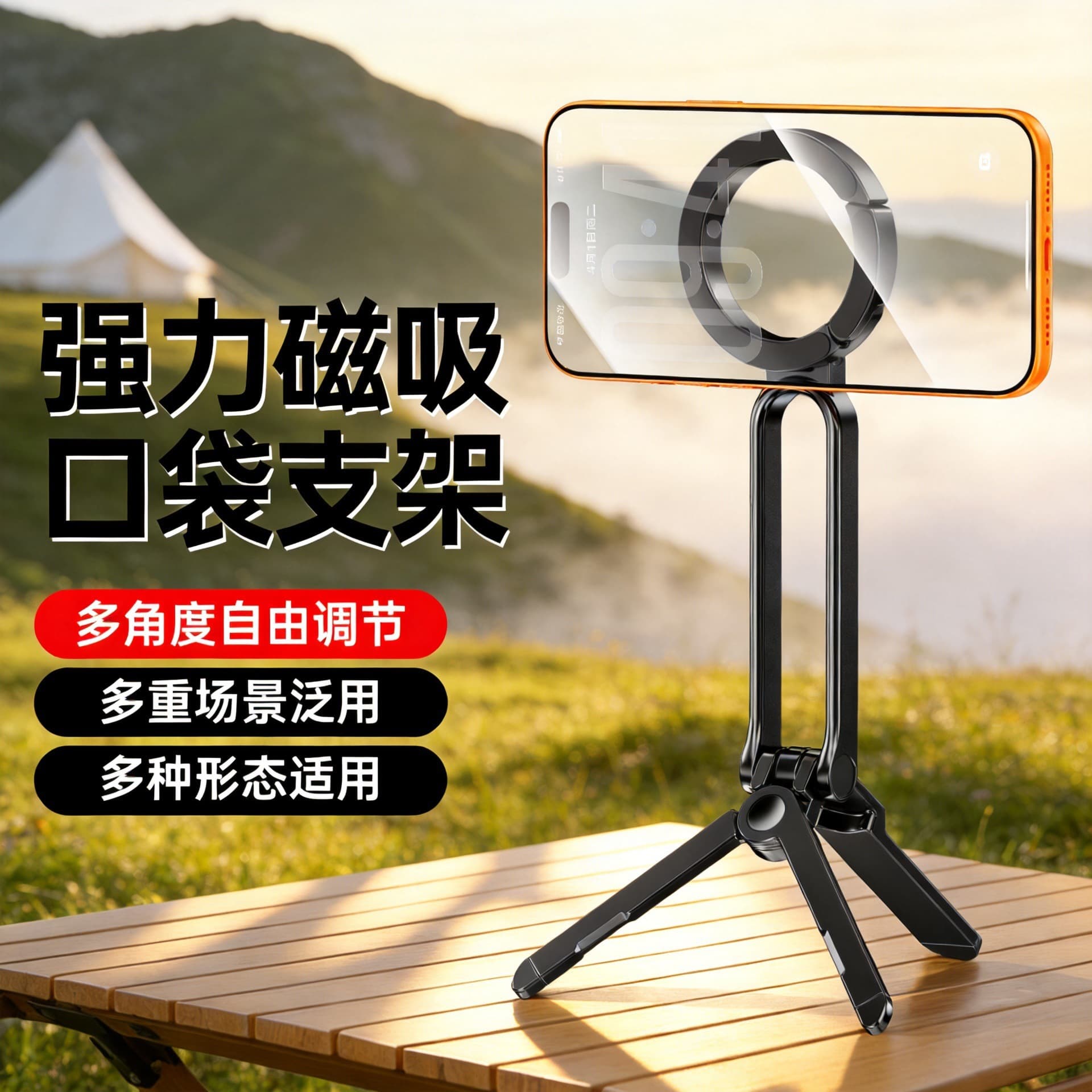 Cross-border magnetic carabiner mobile phone holder folding portable outdoor handheld mobile phone support stand selfie artifact stable