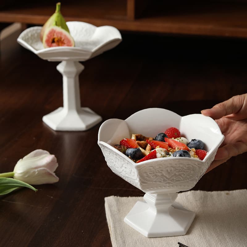 French Embossed Ceramic Tall Fruit Dessert Bowl Oatmeal Yogurt Bowl Ice Cream Bowl New Year Snack Plate