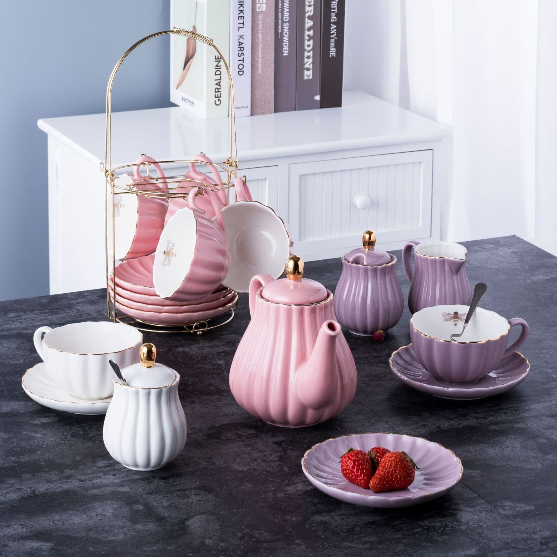 Golden Bee Stripe One-Pot Four-Cup Saucer Japanese Coffee Set Cold Water Pitcher Set Color Glaze with Gold Flower Tea Set Ceramic