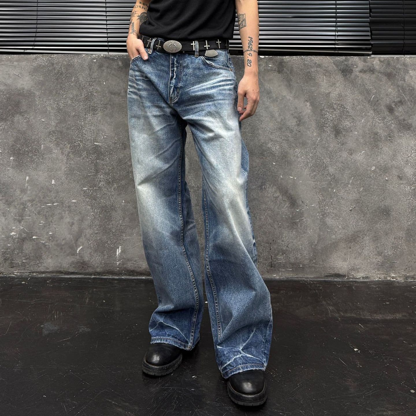 Swyh Tbr King of Jeans Series 07 Snowflake Blue Line Red Selvedge Washed Vintage A-Line Straight Fit Jeans Long Pants