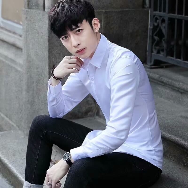 Business Black and White Shirt Men's Long-sleeved Korean Style Slim-fit Youth Casual Shirt Men's Fashionable Handsome Solid Color Shirt