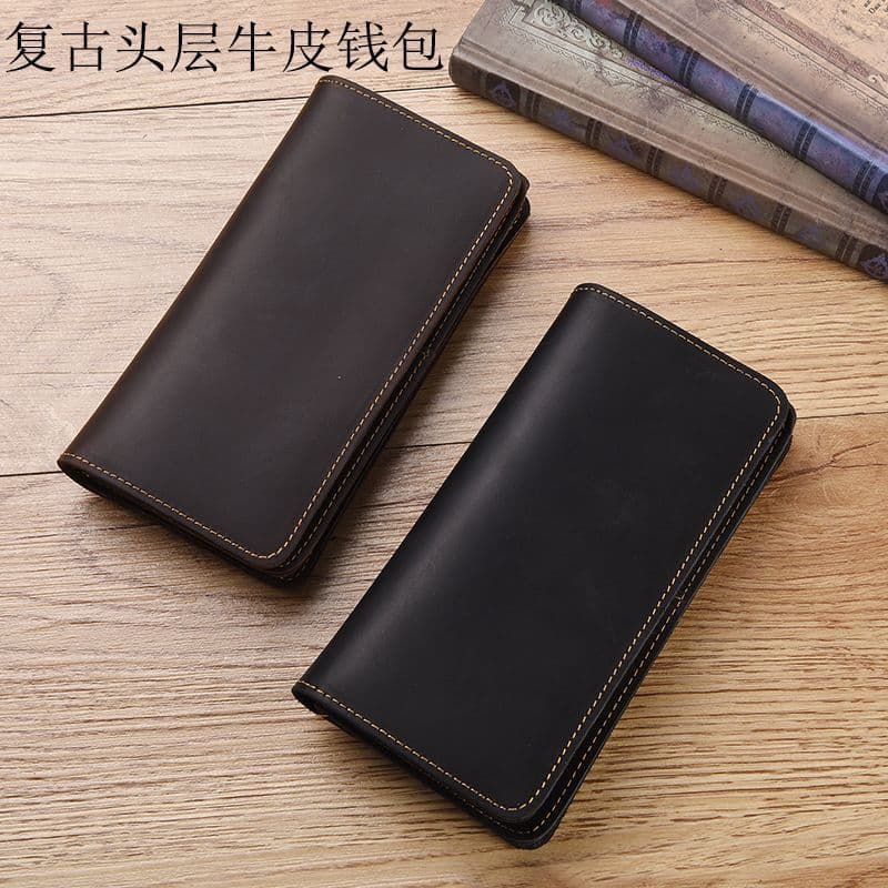 2026 New Men's Vintage Wallet Top Layer Cowhide Long Phone Bag Genuine Leather Handmade Money Clip Artistic