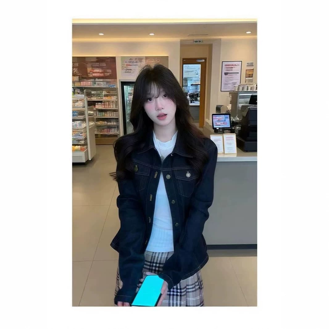 American Retro Blue Denim Jacket for Women 2025 New Autumn Casual Notched Collar Short Cropped Jacket Top