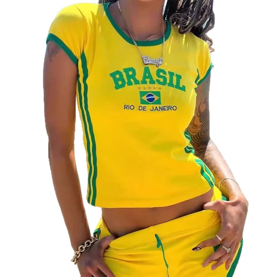 New Summer American Cross-Border Brazil Letter Embroidery Fashion Niche Pattern Short Sleeve Set T-Shirt Top Wholesale