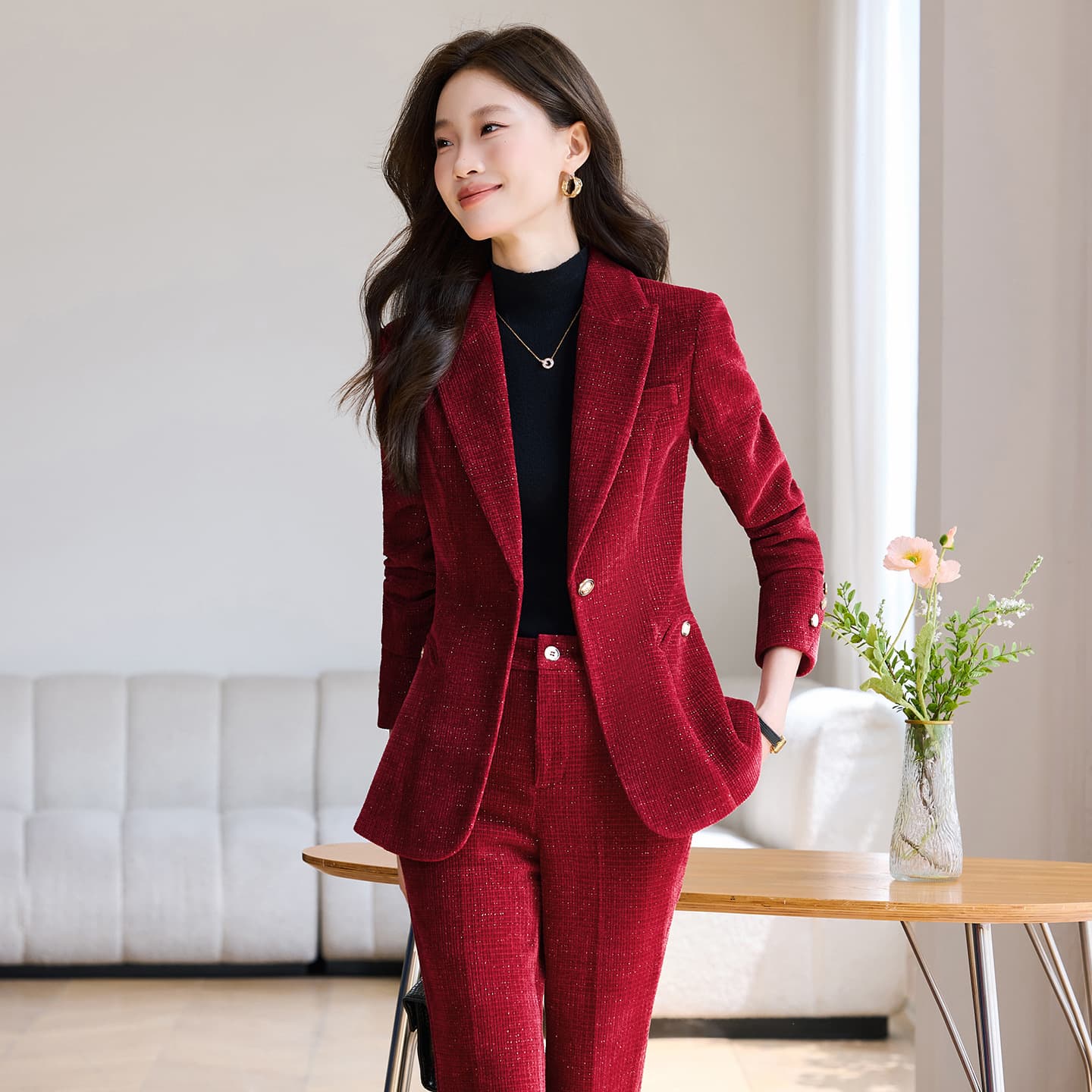 Premium Wine Red Suit Set for Women Professional Blazer Formal Wear Hotel Manager Sales Office Real Estate Consultant Work Uniform