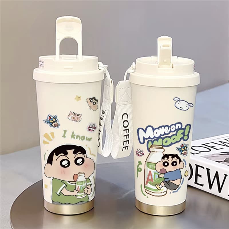 Crayon Shin-chan Insulated Straw Cup, Large Capacity, Dual Drinking Spout, Portable New Water Bottle for Students, High Appearance