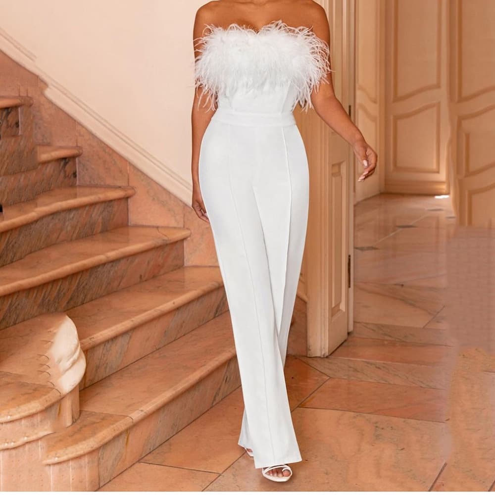 2025 Cross-Border Spring and Summer New European and American Clothing Feather Tube Top Color Pants One-Shoulder Backless Sexy Jumpsuit for Women