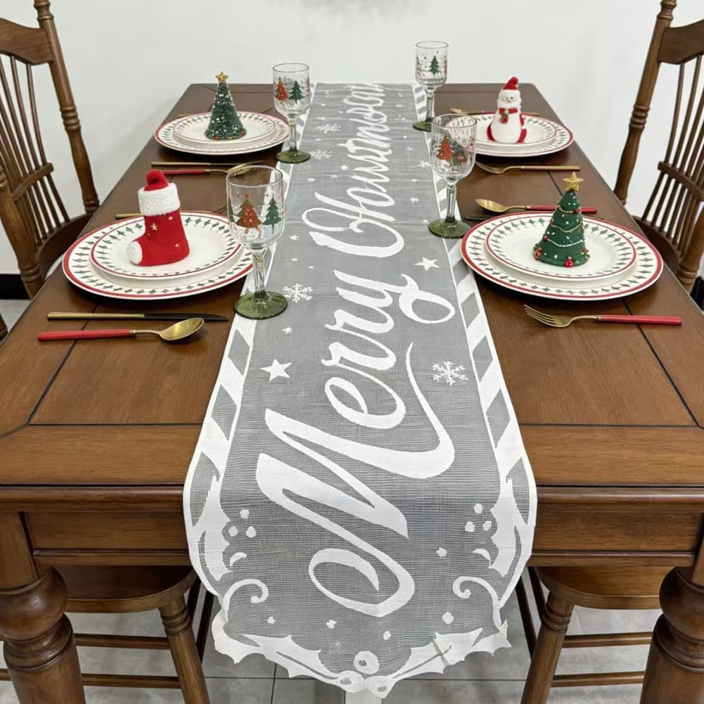 2026 New Christmas Table Runner White Lace Table Runner Christmas Table Decoration Long Tablecloth