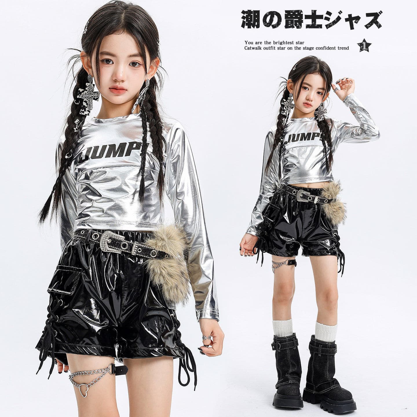 Girls Jazz Dance Cool Performance Outfit Silver Glossy Leather Jacket and Shorts Set Jazz Trendy Model Catwalk Costume