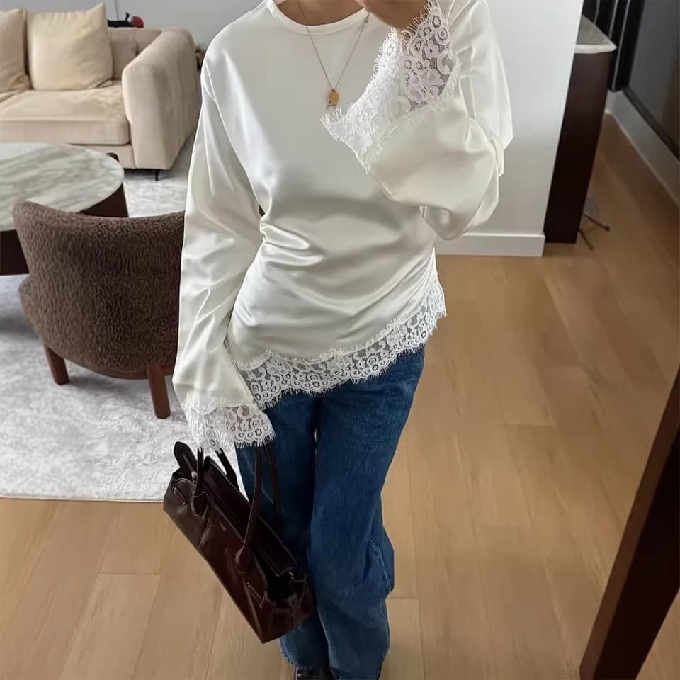 European and American cross-border wholesale AliExpress foreign trade wholesale satin lace splicing top loose fashionable long-sleeved lace-up women's
