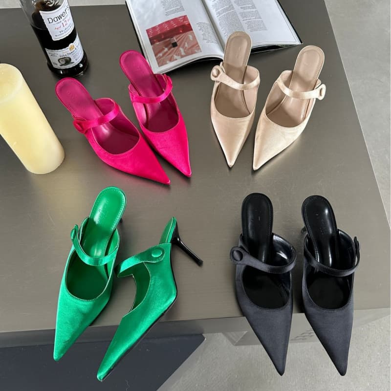 2026 New Pointed Toe Stiletto Heel Closed Toe Satin Mule Dress Shoes for Women, Fashionable OL Style